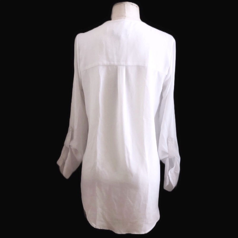 𝅺WHITE Mossimo billowy button down blouse with roll cuff sleeves size small EUC - Picture 3 of 7